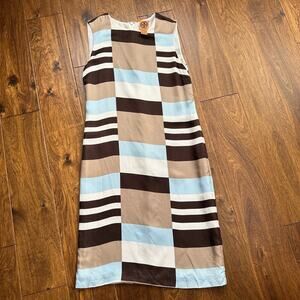Tory Burch 100% Silk size 8 striped shift dress brown blue tan cream